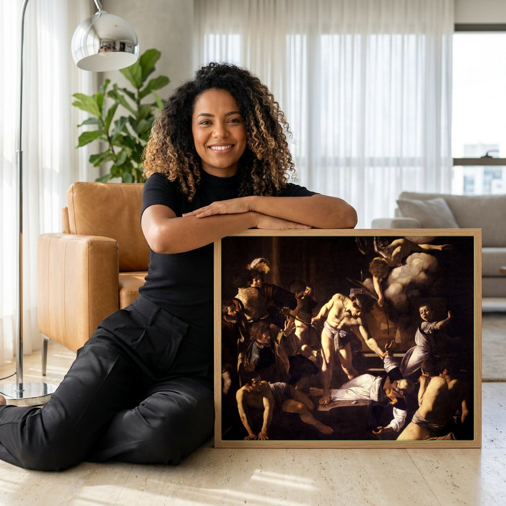 Quadro Decorativo O Martírio de São Mateus - Caravaggio | modelo apresentando o quadro emoldurado
