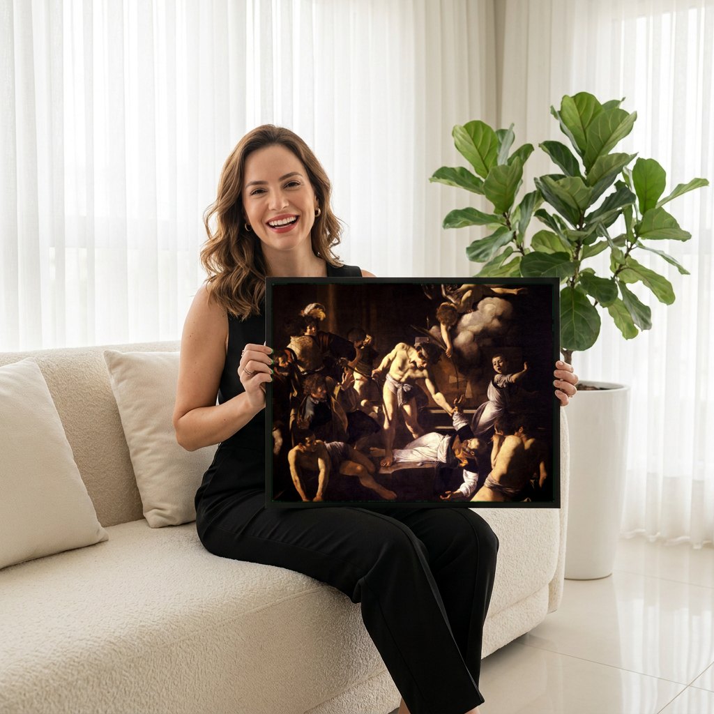 Quadro Decorativo O Martírio de São Mateus - Caravaggio | modelo apresentando o quadro emoldurado