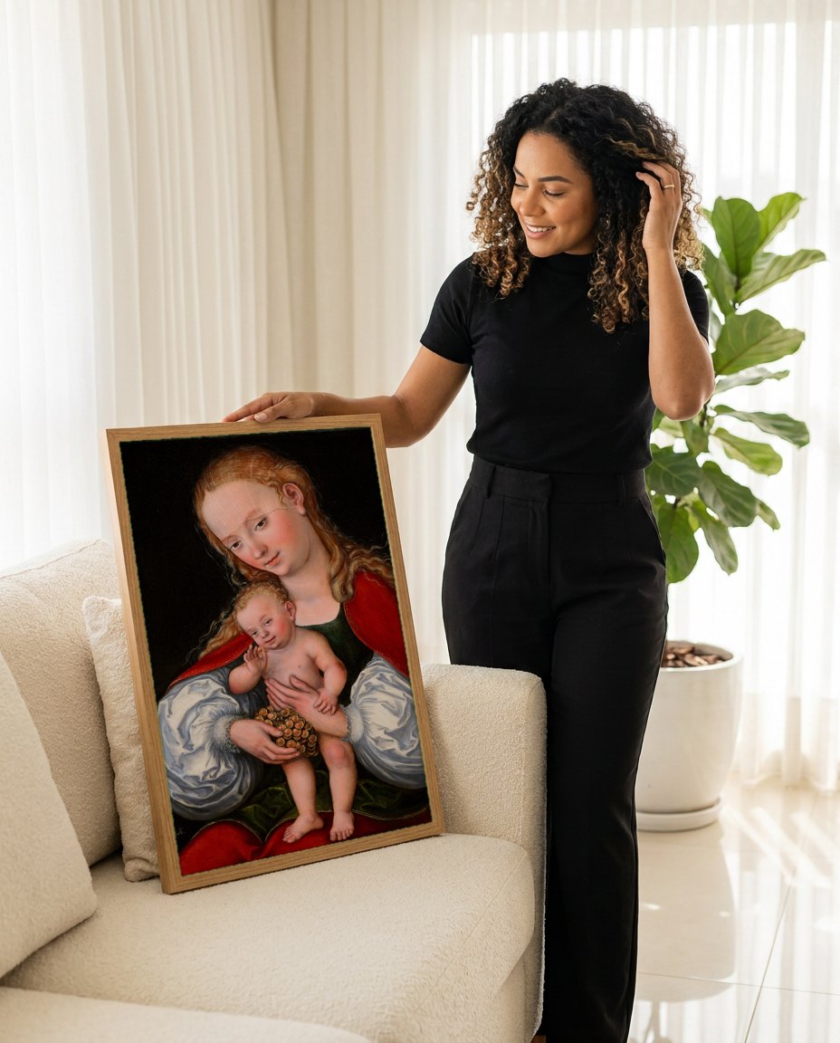 Quadro Decorativo Madona com o Menino Jesus - Lucas Cranach | modelo apresentando o quadro emoldurado