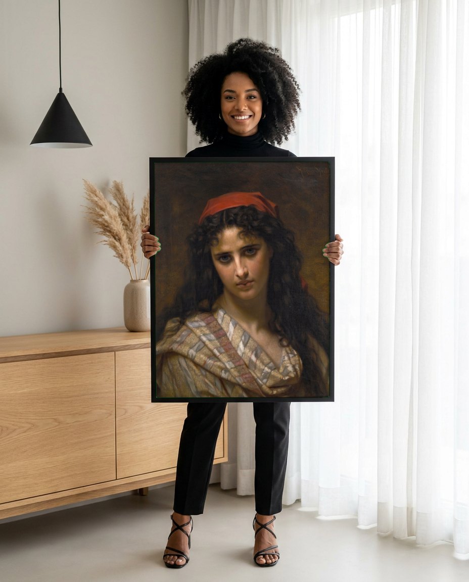 Quadro Decorativo 'A Cigana' - Hugues Merle | modelo apresentando o quadro emoldurado
