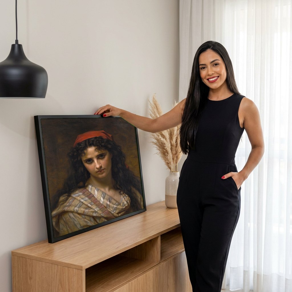 Quadro Decorativo 'A Cigana' - Hugues Merle | modelo apresentando o quadro emoldurado