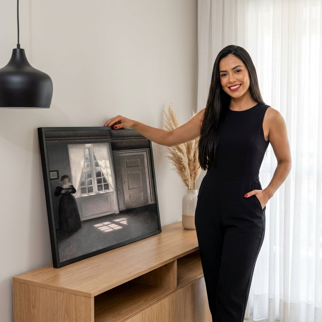 Quadro Decorativo Interior com Mulher Lendo - Vilhelm Hammershøi | modelo apresentando o quadro emoldurado