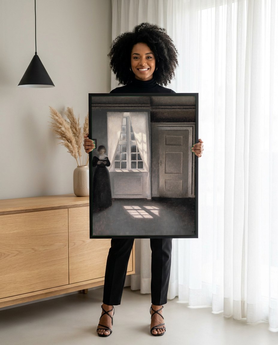 Quadro Decorativo Interior com Mulher Lendo - Vilhelm Hammershøi | modelo apresentando o quadro emoldurado