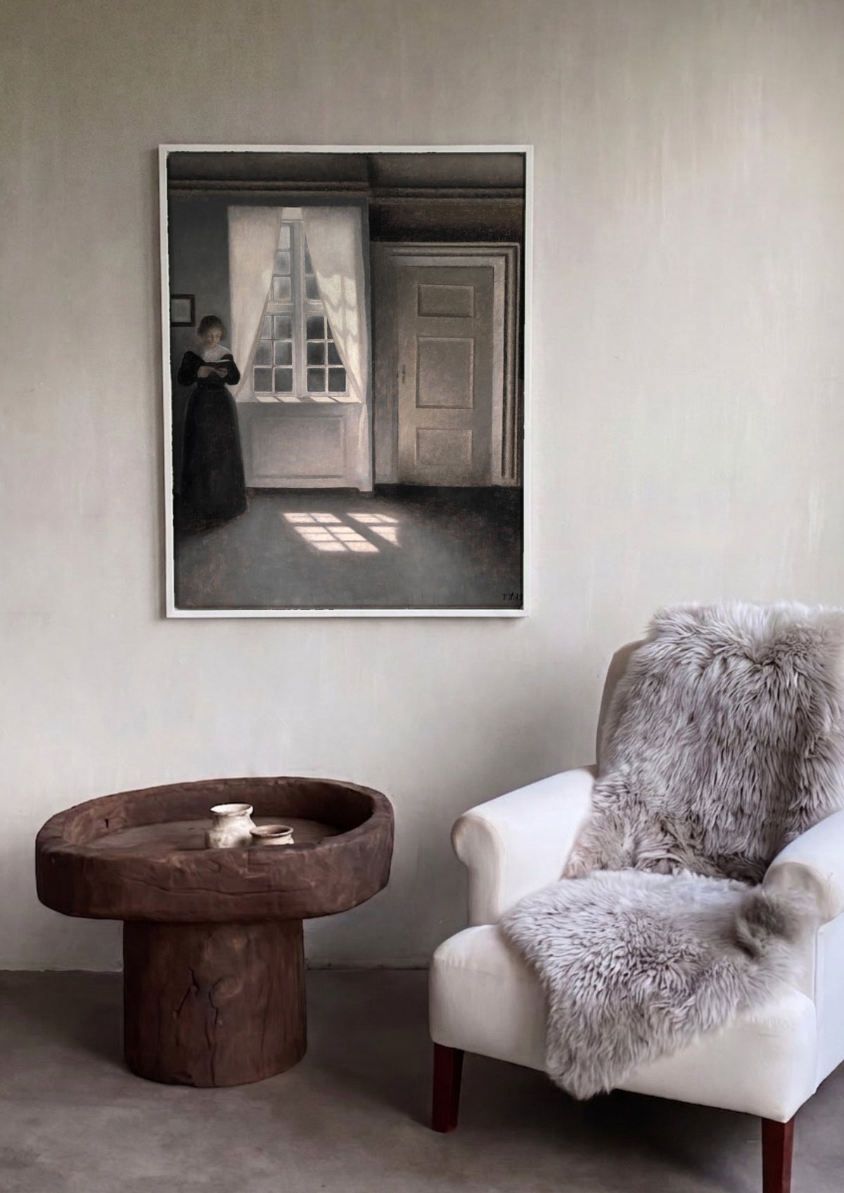 Quadro Decorativo Interior com Mulher Lendo - Vilhelm Hammershøi | quadro emoldurado na parede