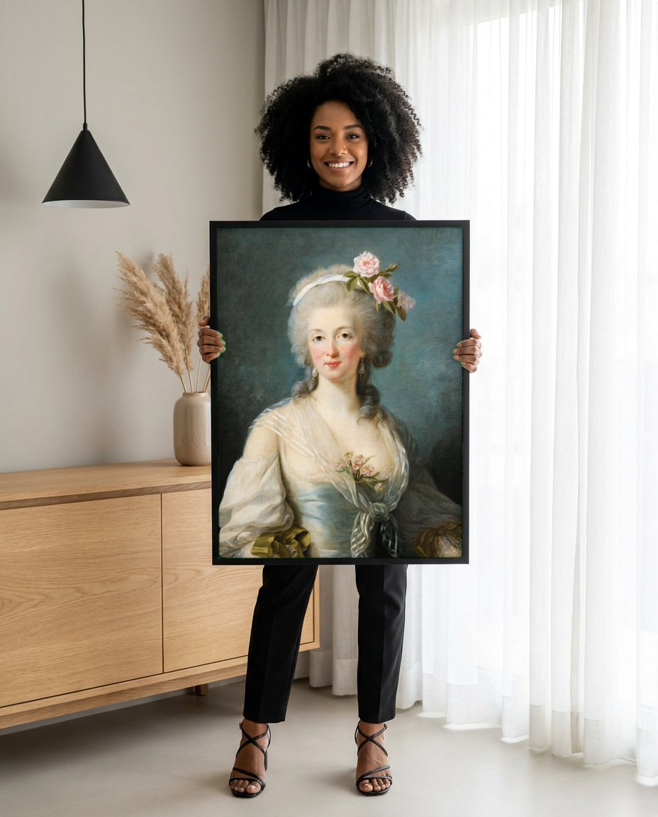 Quadro Decorativo Retrato de Mulher - Vigée Le Brun | modelo apresentando o quadro emoldurado