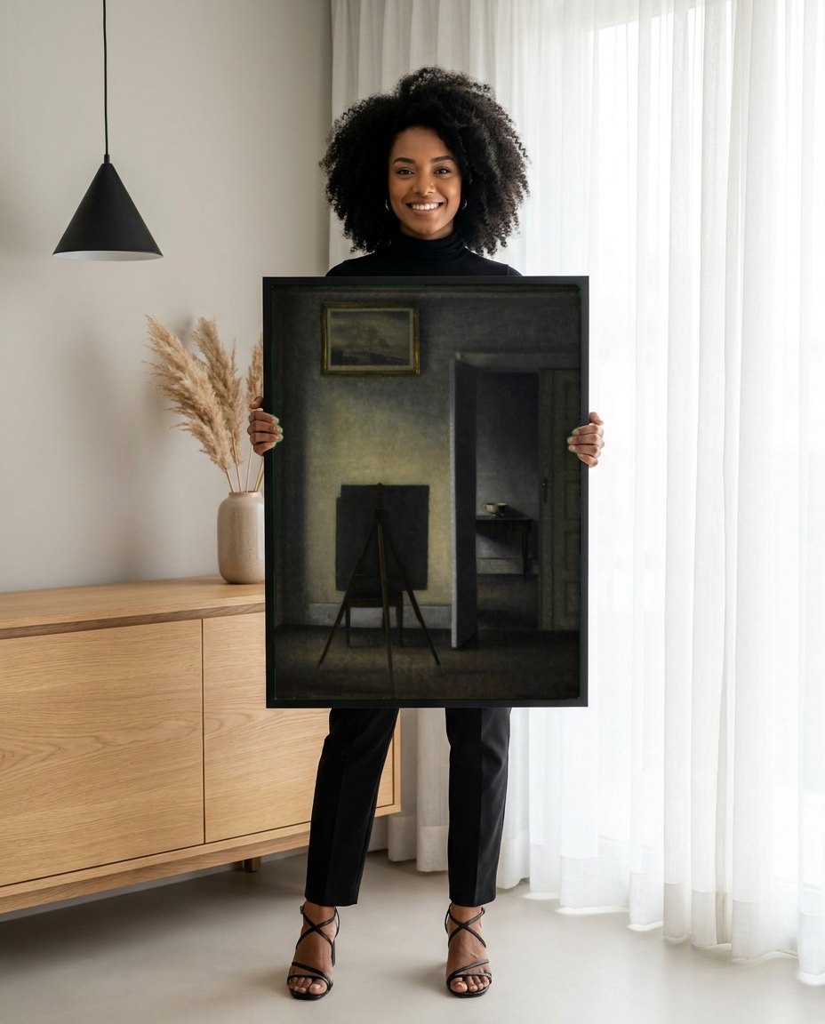 Quadro Decorativo Interior com Cavalete e Espelho - Vilhelm Hammershøi | modelo apresentando o quadro emoldurado