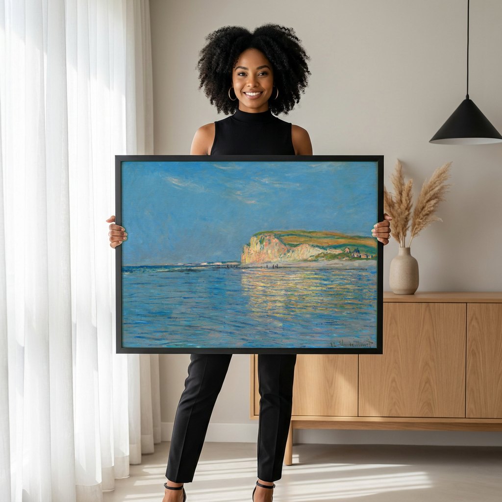 Quadro Decorativo Falésias em Pourville - Claude Monet | modelo apresentando o quadro emoldurado