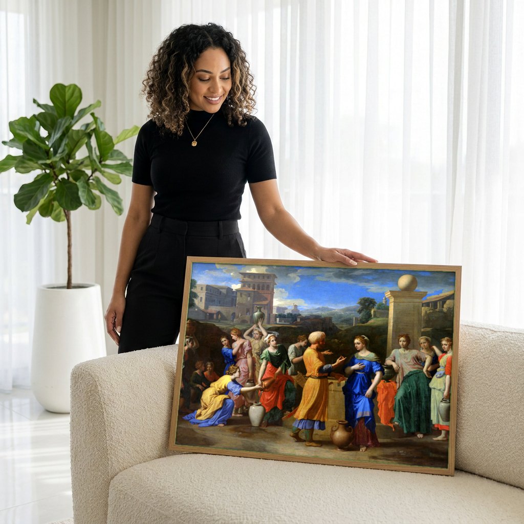 Quadro Decorativo Moises e as Filhas de Jetro - Nicolas Poussin | modelo apresentando o quadro emoldurado