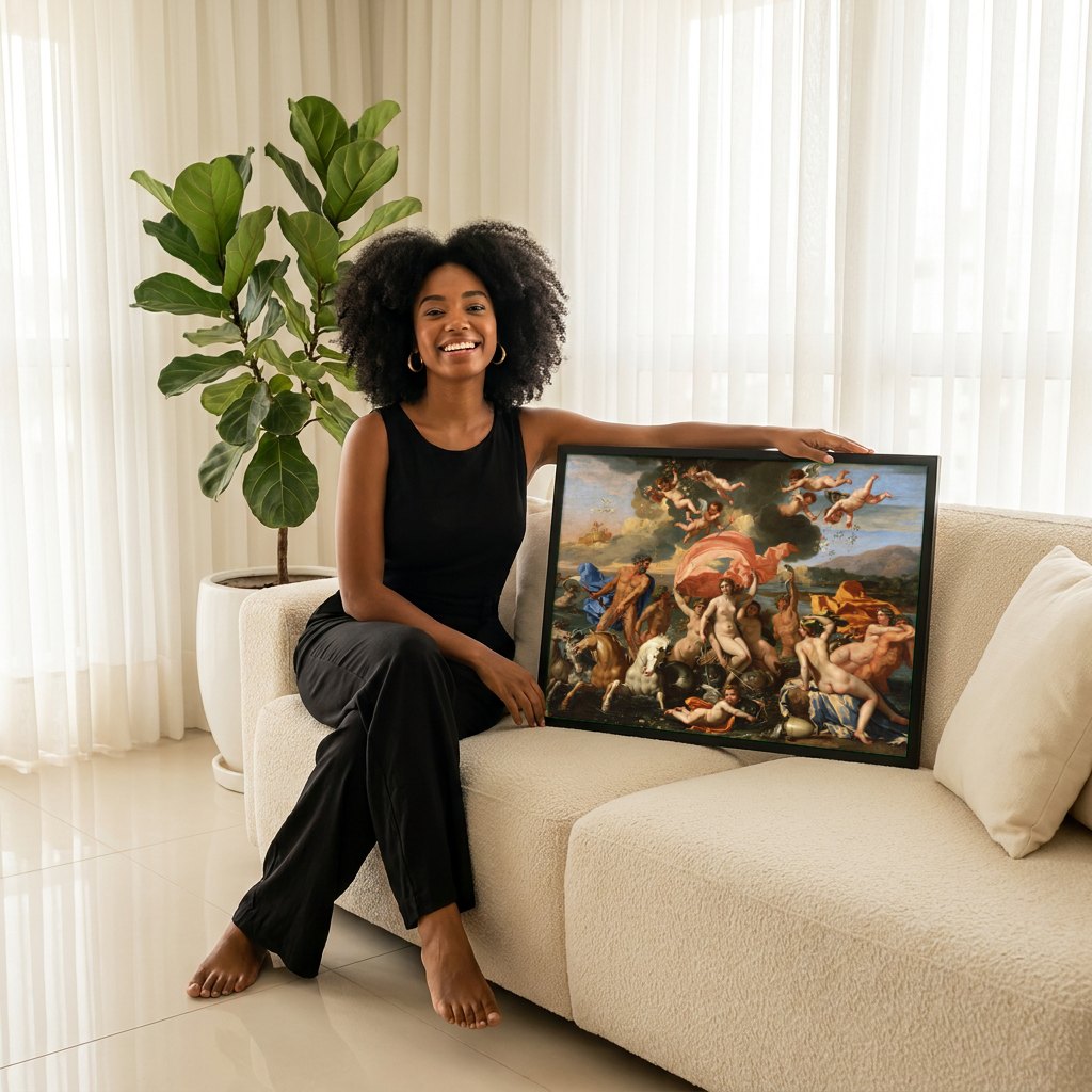 Quadro Decorativo O Triunfo de Netuno e Anfitrite - Nicolas Poussin | modelo apresentando o quadro emoldurado