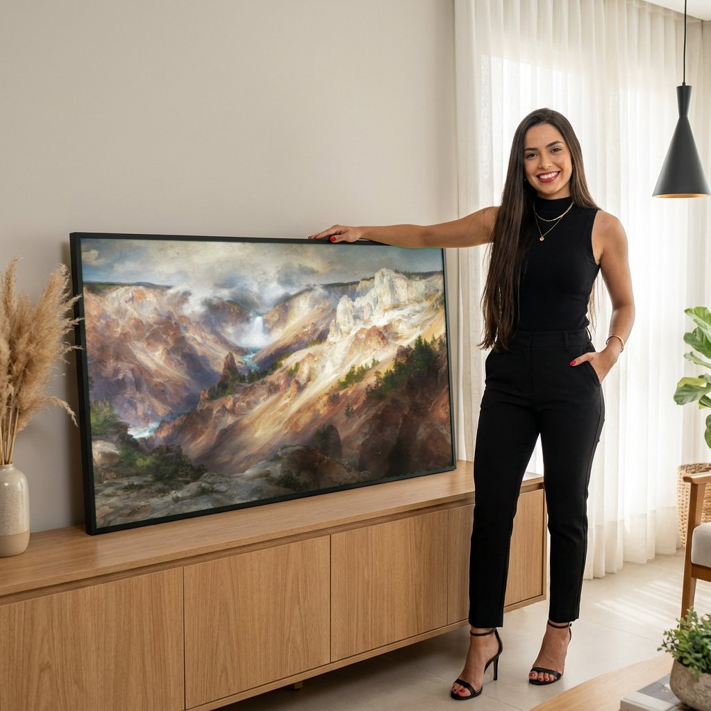 Quadro Decorativo Grand Canyon of the Yellowstone - Thomas Moran | modelo apresentando o quadro emoldurado