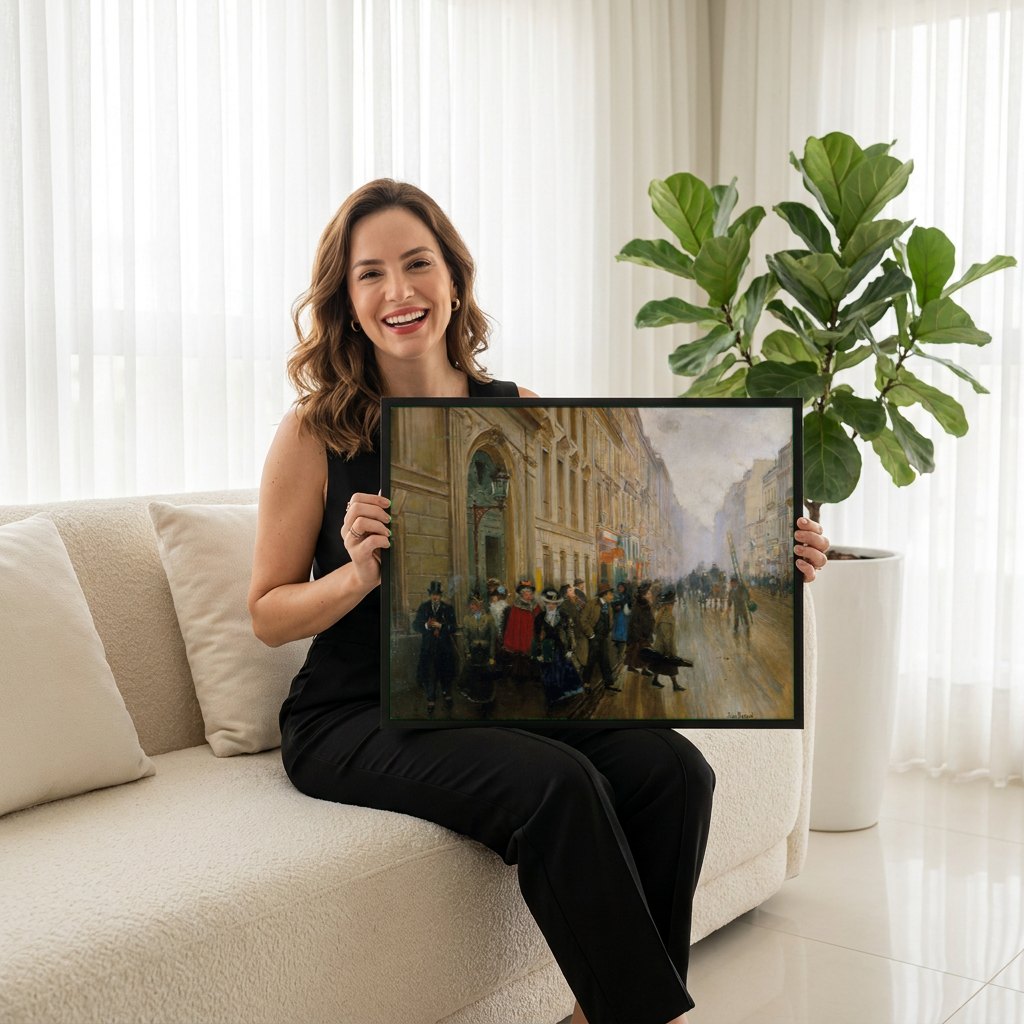 Quadro Decorativo Cena de Rua Parisiense - Jean Béraud | modelo apresentando o quadro emoldurado