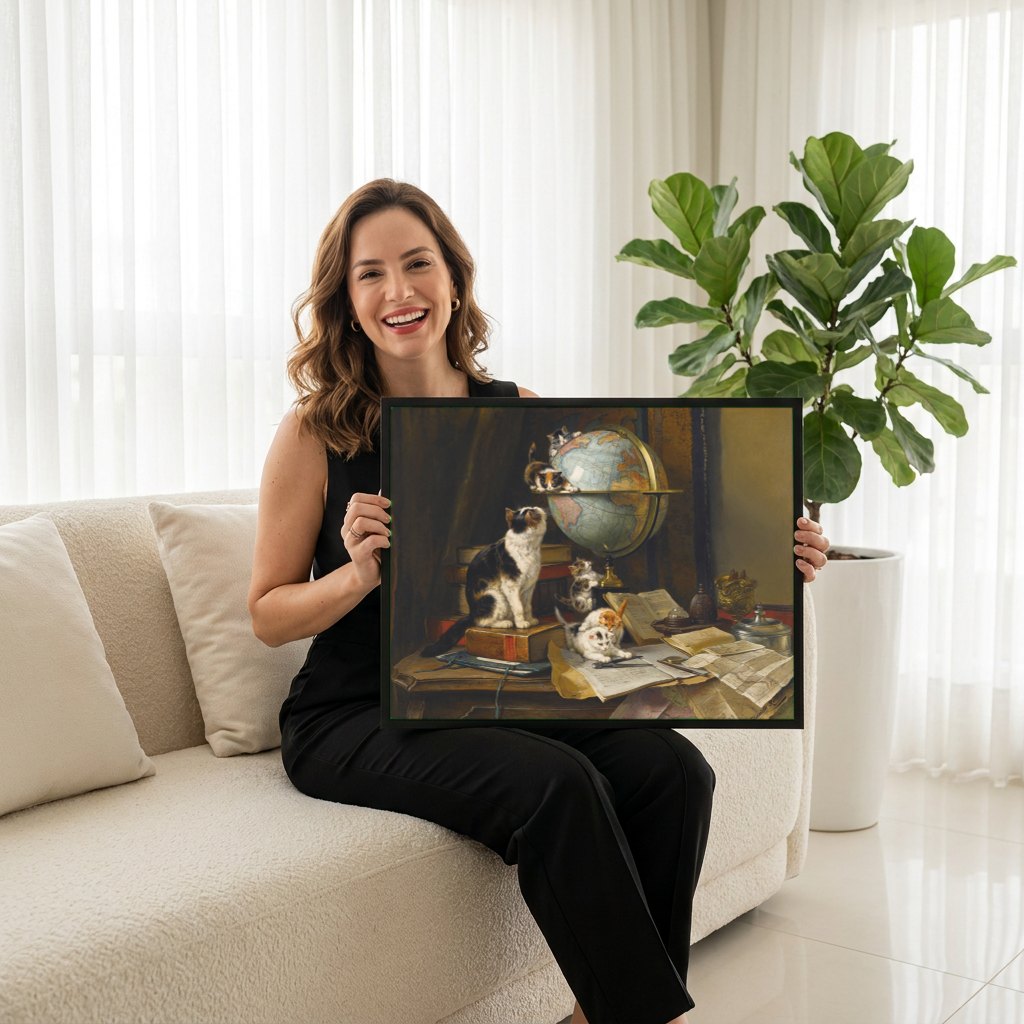 Quadro Decorativo Gatos e o Globo - Henriëtte Ronner-Knip | modelo apresentando o quadro emoldurado