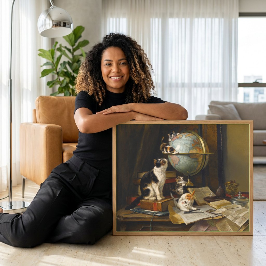Quadro Decorativo Gatos e o Globo - Henriëtte Ronner-Knip | modelo apresentando o quadro emoldurado
