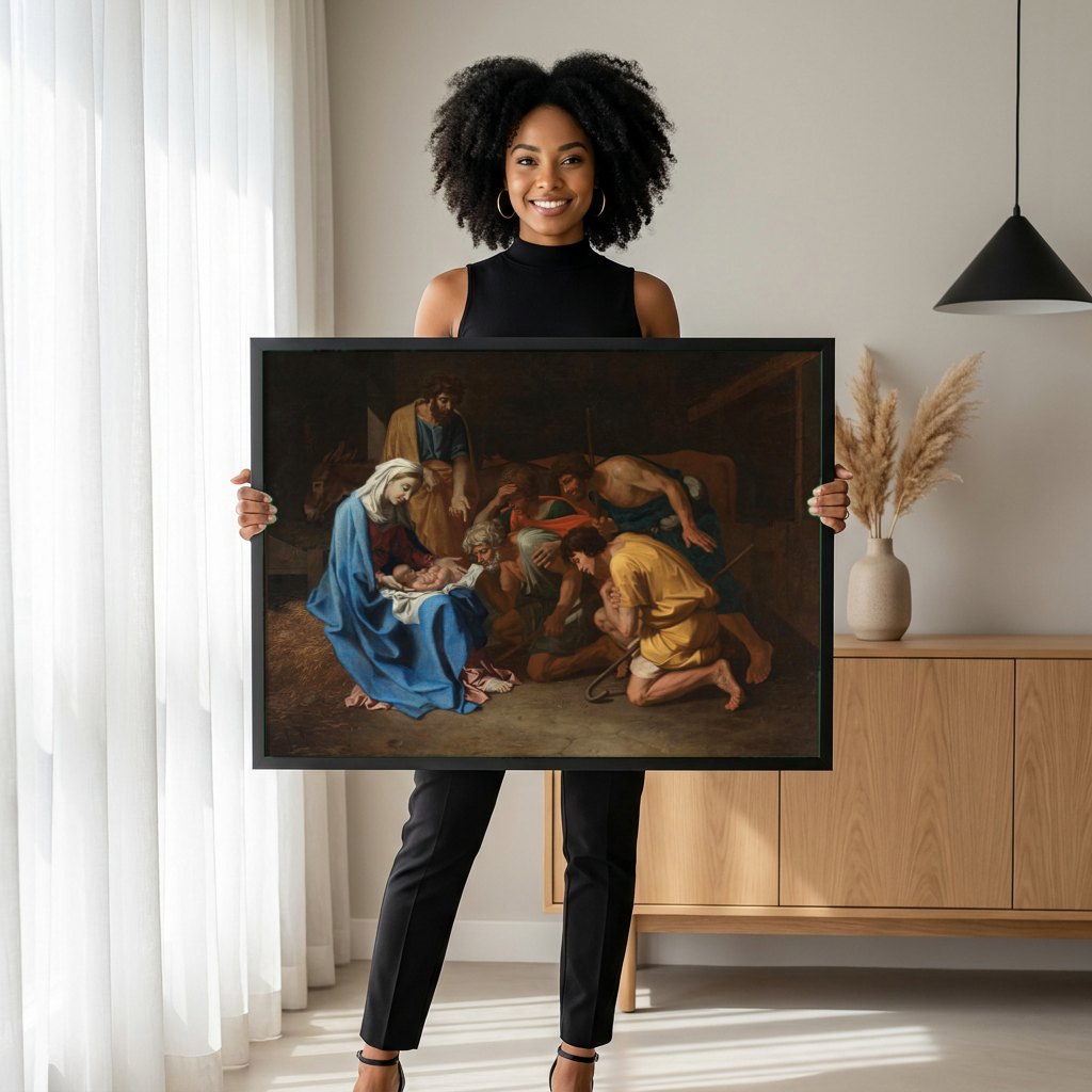 Quadro Decorativo A Adoração dos Pastores - Nicolas Poussin | modelo apresentando o quadro emoldurado