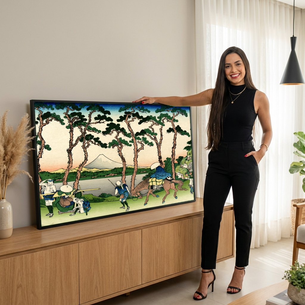 Quadro Decorativo A Estrada de Tokaido em Ejiri - Hokusai | modelo apresentando o quadro emoldurado
