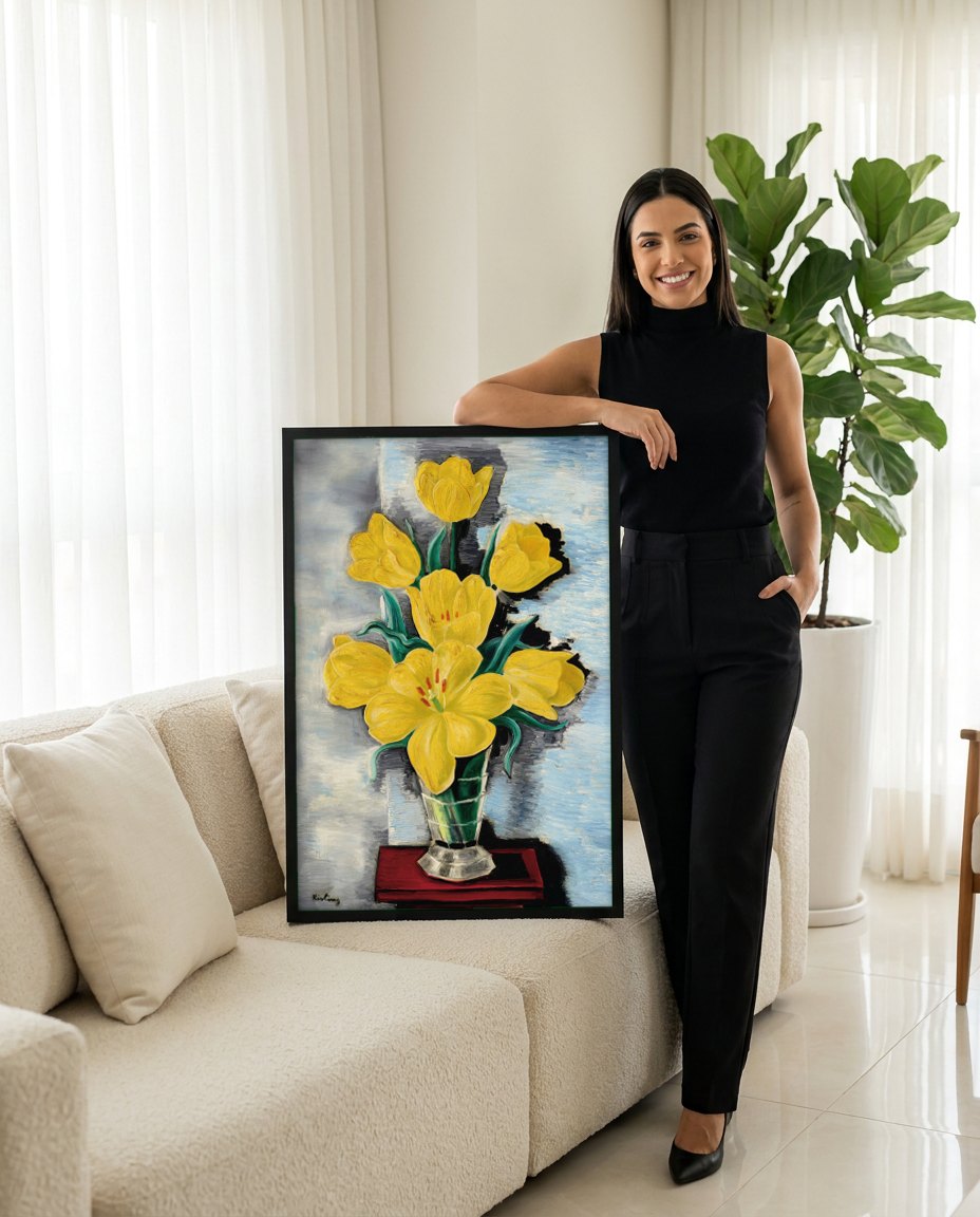 Quadro Decorativo Tulipas Amarelas - Moïse Kisling | modelo apresentando o quadro emoldurado