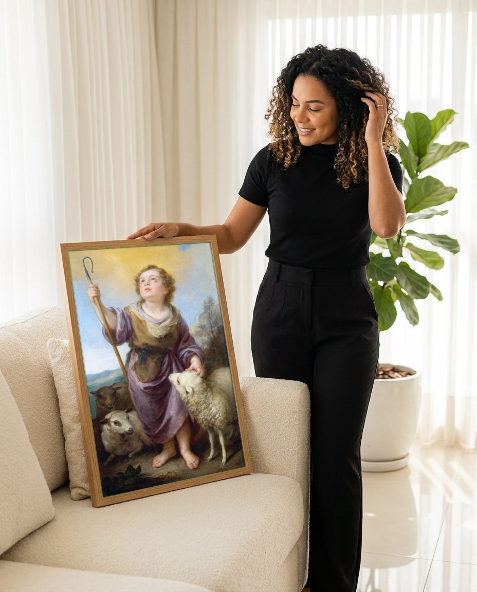 Quadro Decorativo O Bom Pastor (Menino Jesus) - Murillo | modelo apresentando o quadro emoldurado