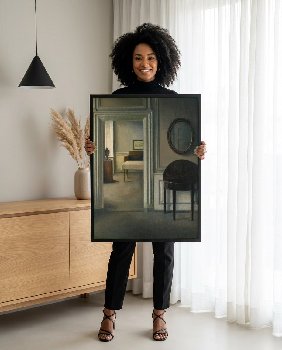 Quadro Decorativo Interior com Porta Aberta - Vilhelm Hammershøi | modelo apresentando o quadro emoldurado