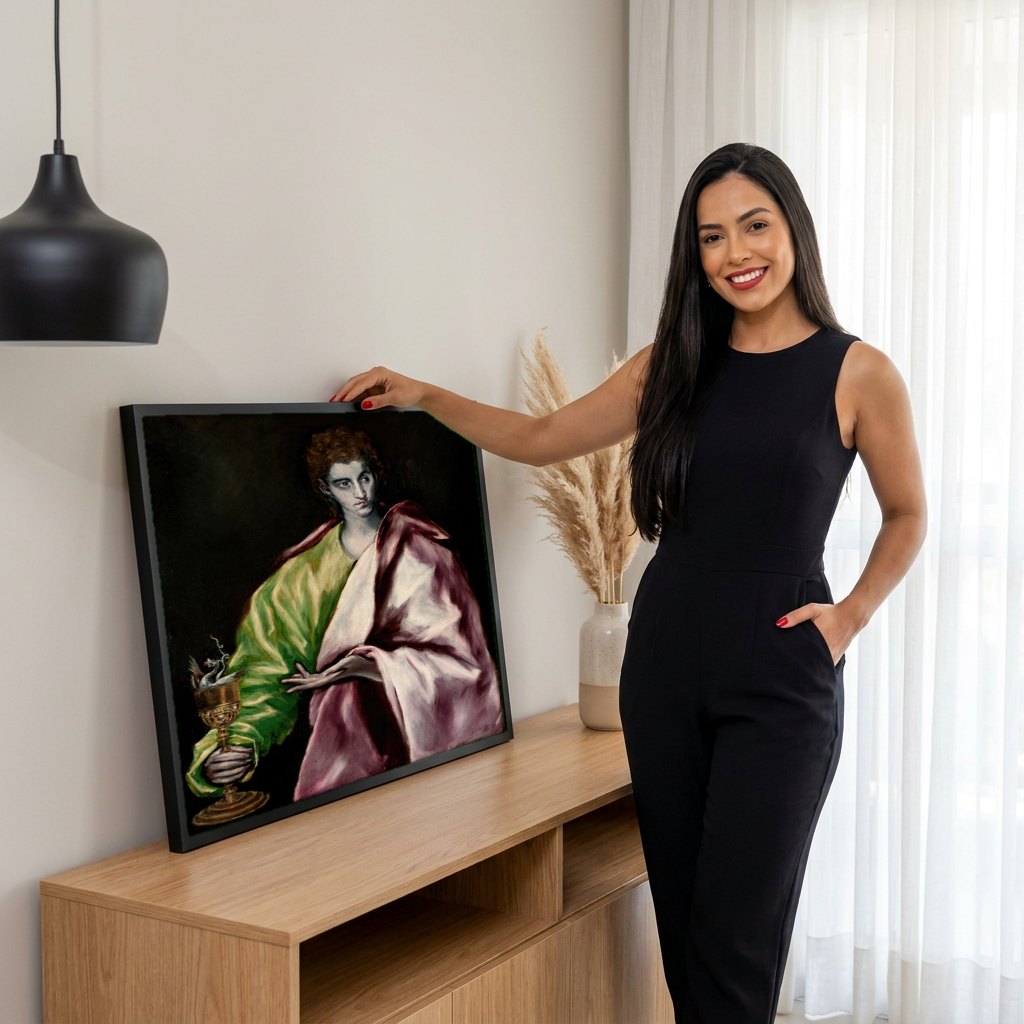 Quadro Decorativo São João Evangelista - El Greco | modelo apresentando o quadro emoldurado