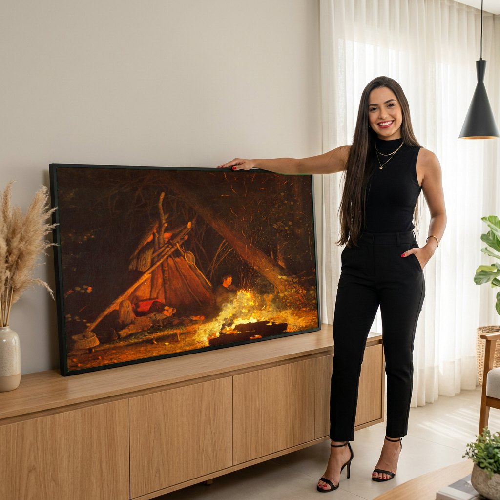 Quadro Decorativo A Fogueira do Acampamento - Winslow Homer | modelo apresentando o quadro emoldurado