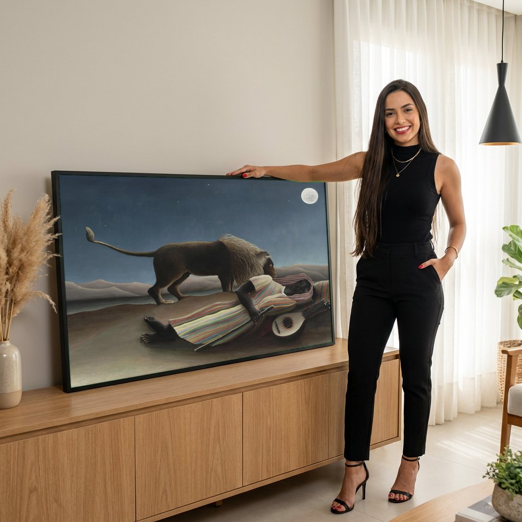 Quadro Decorativo A Cigana Adormecida - Henri Rousseau | modelo apresentando o quadro emoldurado