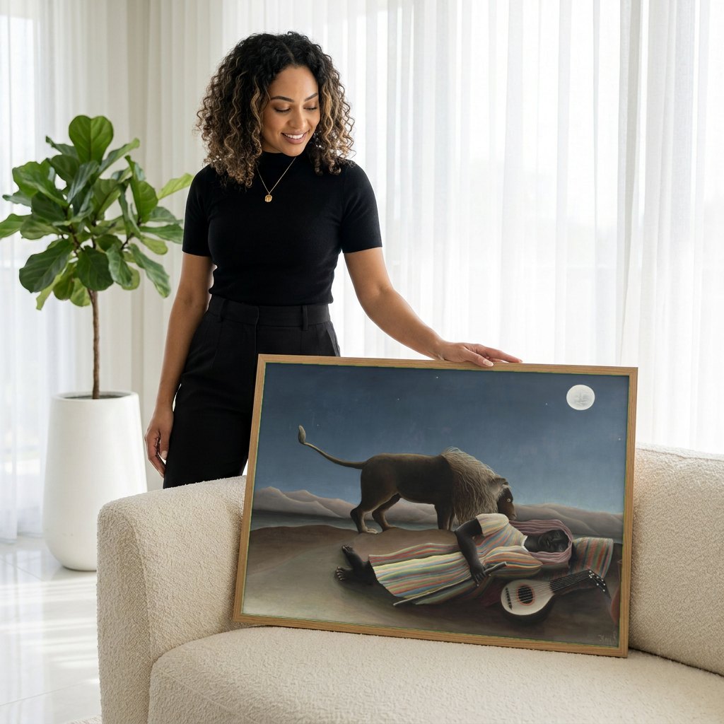 Quadro Decorativo A Cigana Adormecida - Henri Rousseau | modelo apresentando o quadro emoldurado