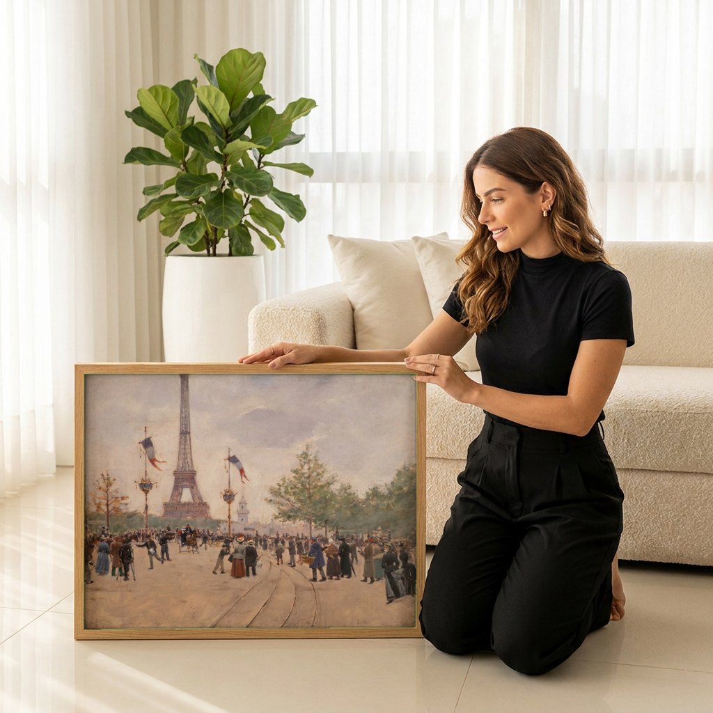Quadro Decorativo A Torre Eiffel - Jean Béraud | modelo apresentando o quadro emoldurado