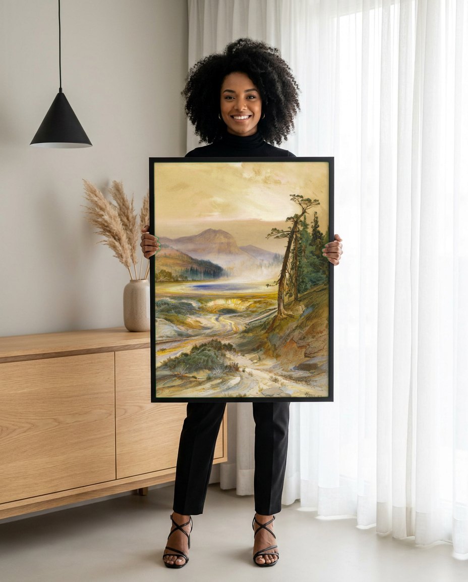 Quadro Decorativo 'Grand Canyon of the Yellowstone' - Thomas Moran | modelo apresentando o quadro emoldurado