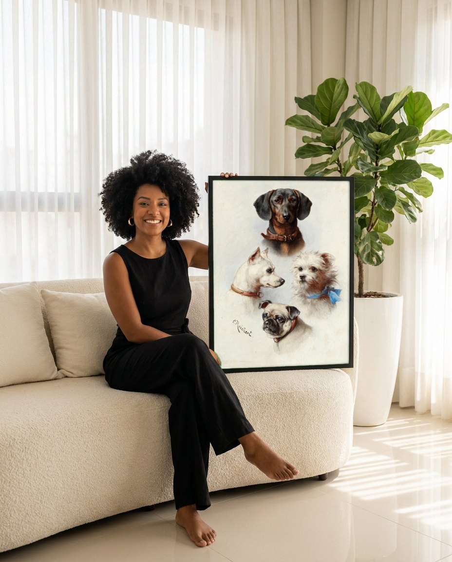 Quadro Decorativo Cães Fofos - Carl Reichert | modelo apresentando o quadro emoldurado