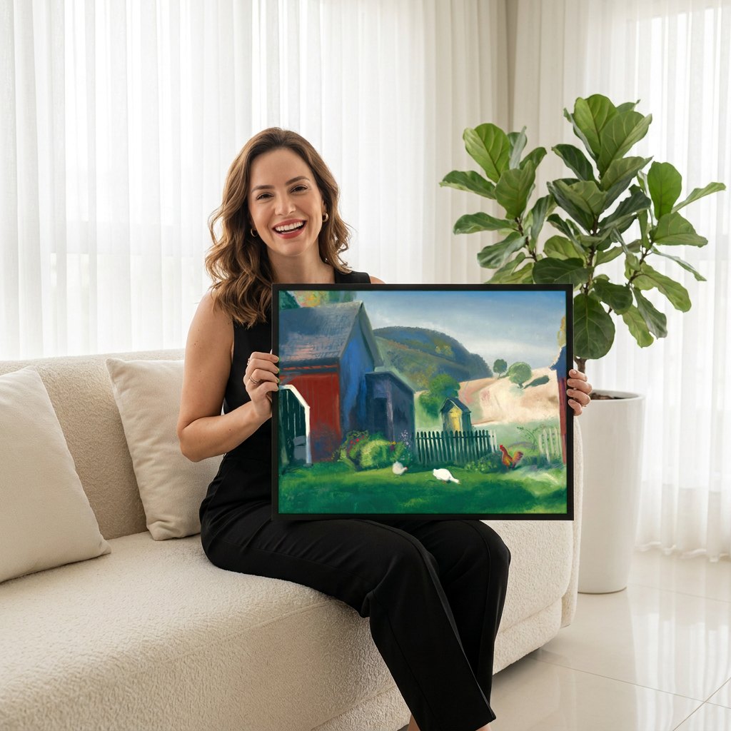 Quadro Decorativo Cena Rural com Aves - George Bellows | modelo apresentando o quadro emoldurado