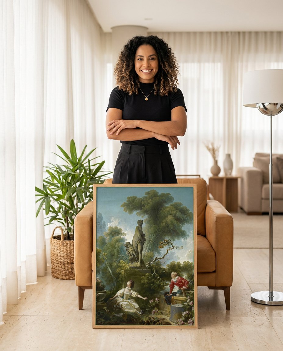 Quadro Decorativo O Balanço - Jean Honoré Fragonard | modelo apresentando o quadro emoldurado