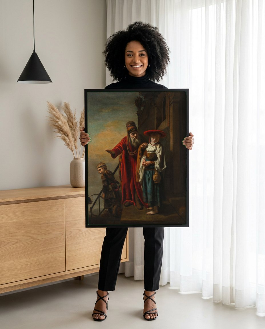 Quadro Decorativo A Expulsão de Hagar e Ismael - Nicolaes Maes | modelo apresentando o quadro emoldurado