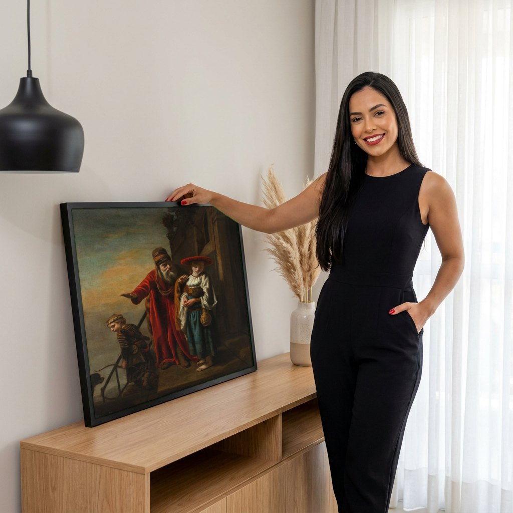 Quadro Decorativo A Expulsão de Hagar e Ismael - Nicolaes Maes | modelo apresentando o quadro emoldurado