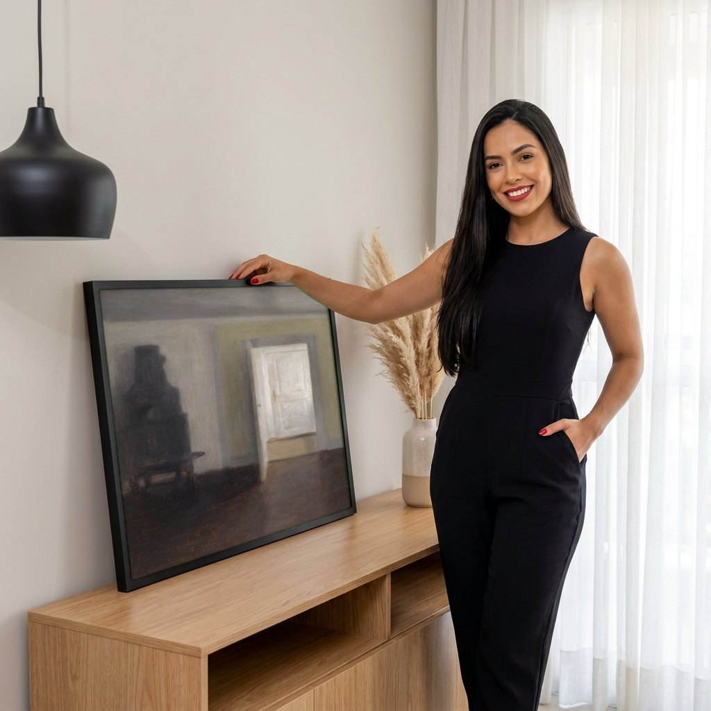 Quadro Decorativo Interior com Porta Aberta - Vilhelm Hammershøi | modelo apresentando o quadro emoldurado