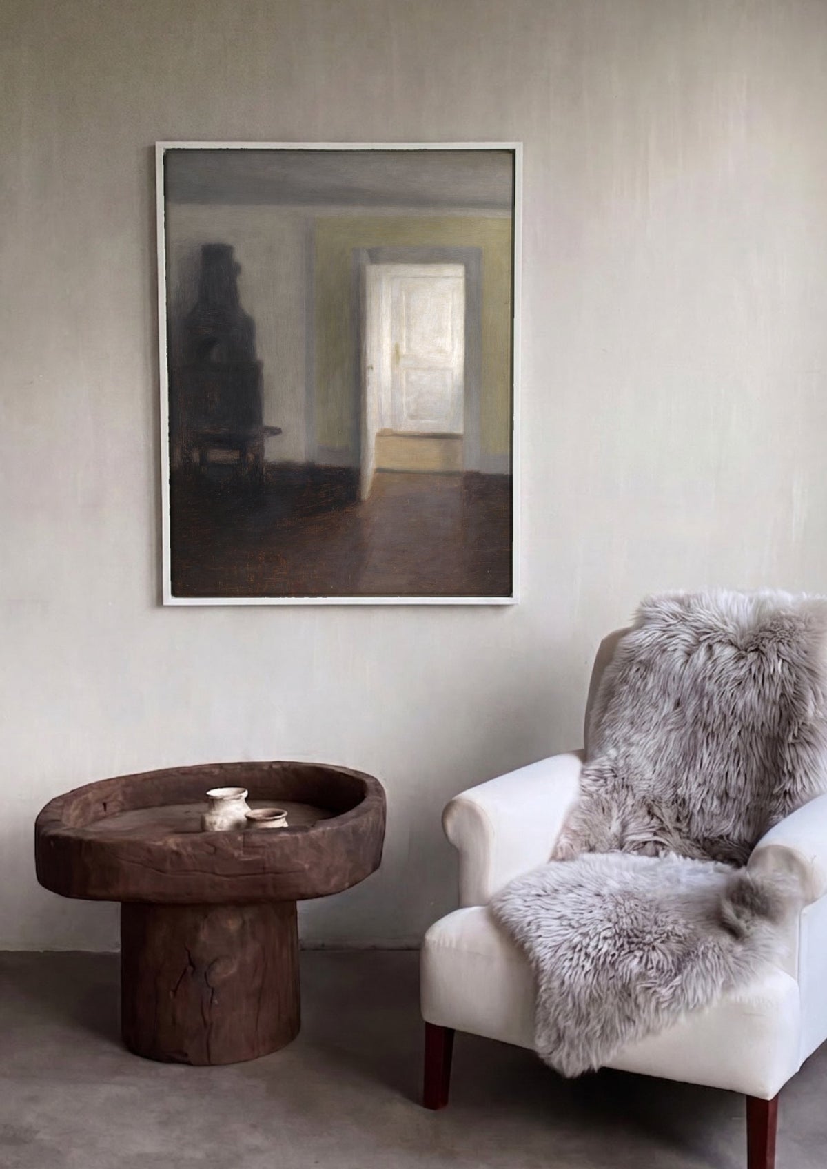 Quadro Decorativo Interior com Porta Aberta - Vilhelm Hammershøi | quadro emoldurado na parede