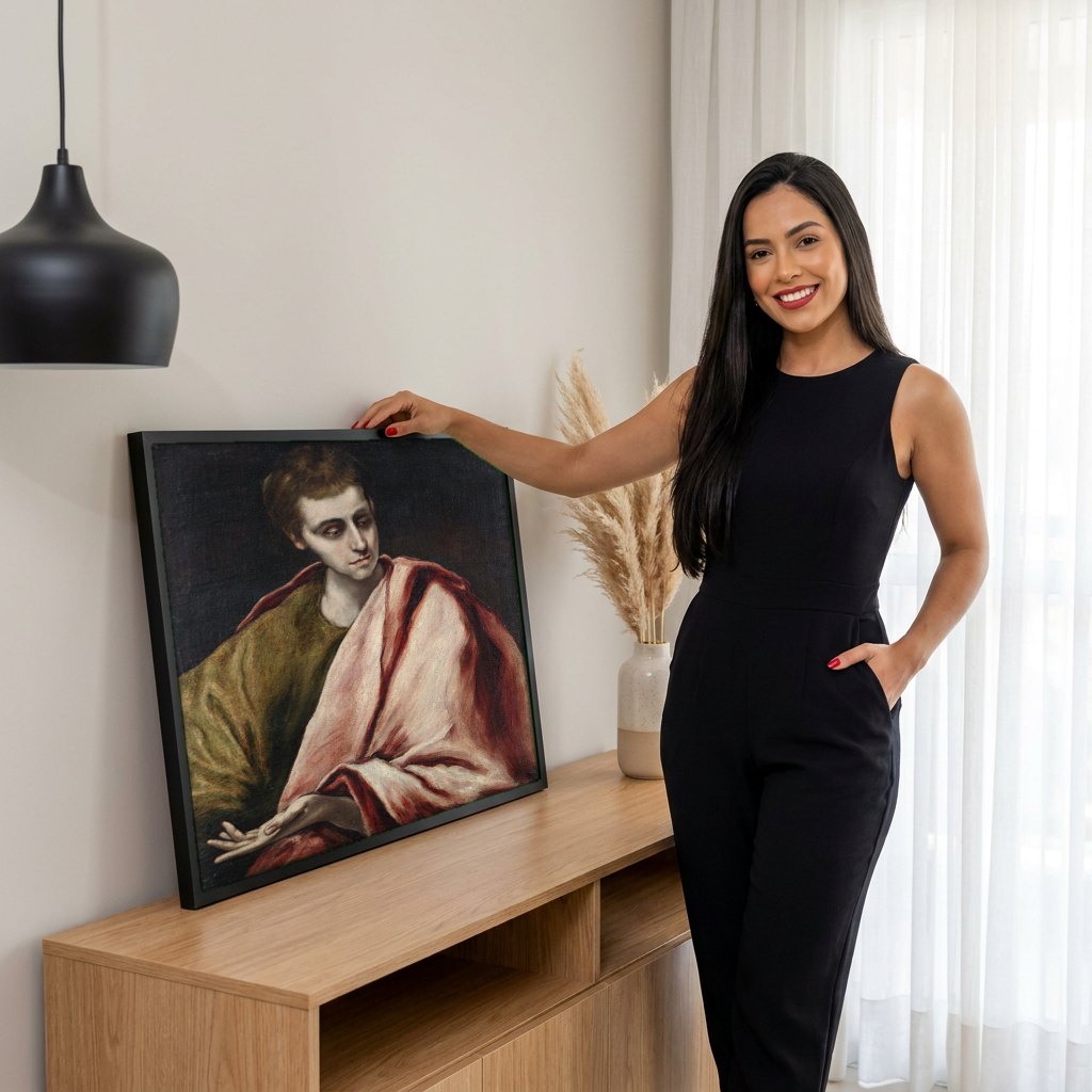 Quadro Decorativo São João Evangelista - El Greco | modelo apresentando o quadro emoldurado