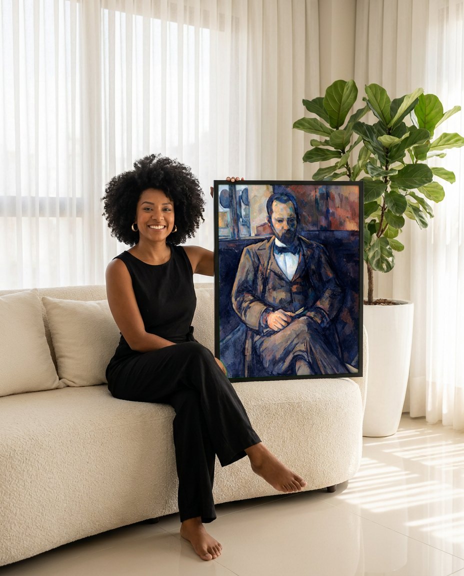 Quadro Decorativo Homem Sentado - Cézanne | modelo apresentando o quadro emoldurado
