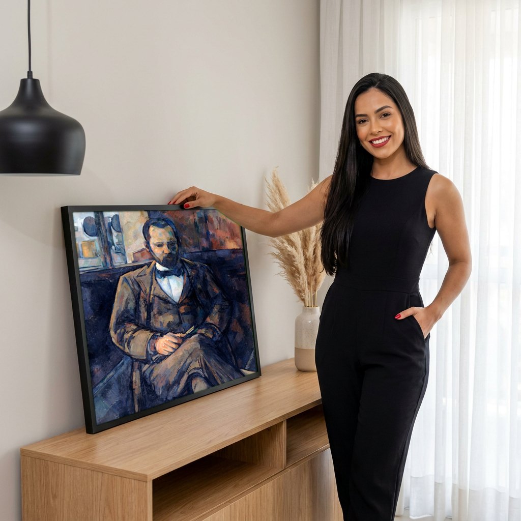Quadro Decorativo Homem Sentado - Cézanne | modelo apresentando o quadro emoldurado