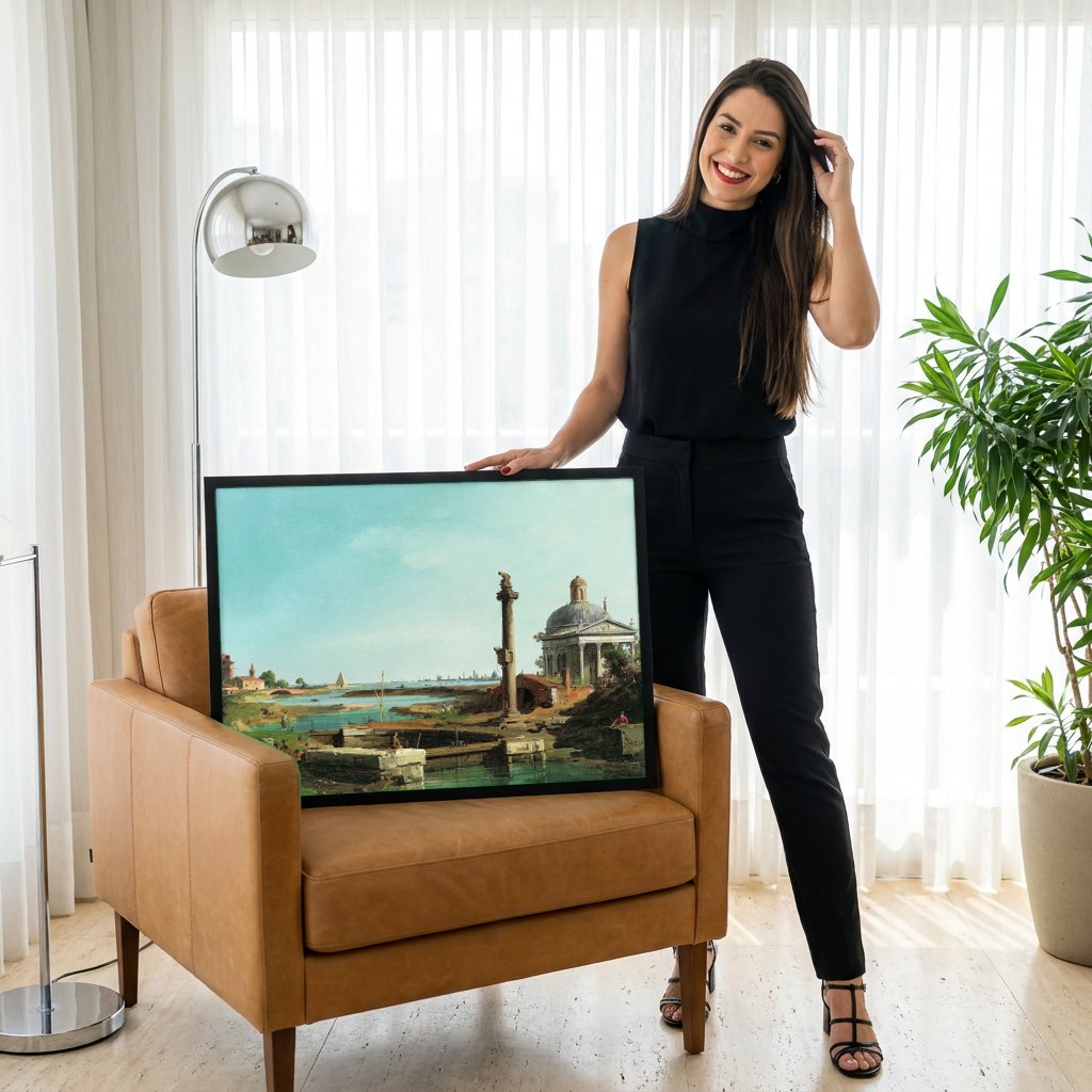 Quadro Decorativo 'Paisagem com Templo e Coluna' - Canaletto | modelo apresentando o quadro emoldurado