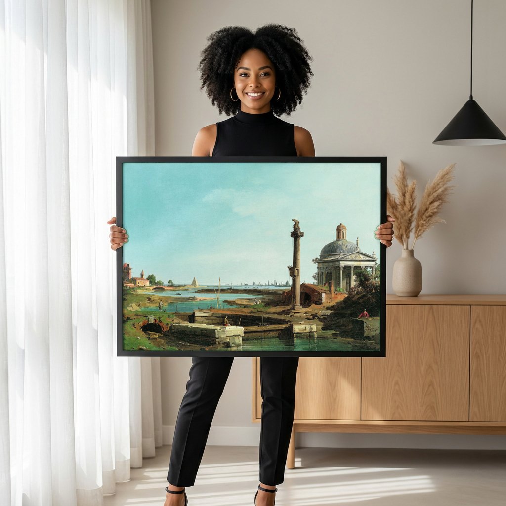 Quadro Decorativo 'Paisagem com Templo e Coluna' - Canaletto | modelo apresentando o quadro emoldurado