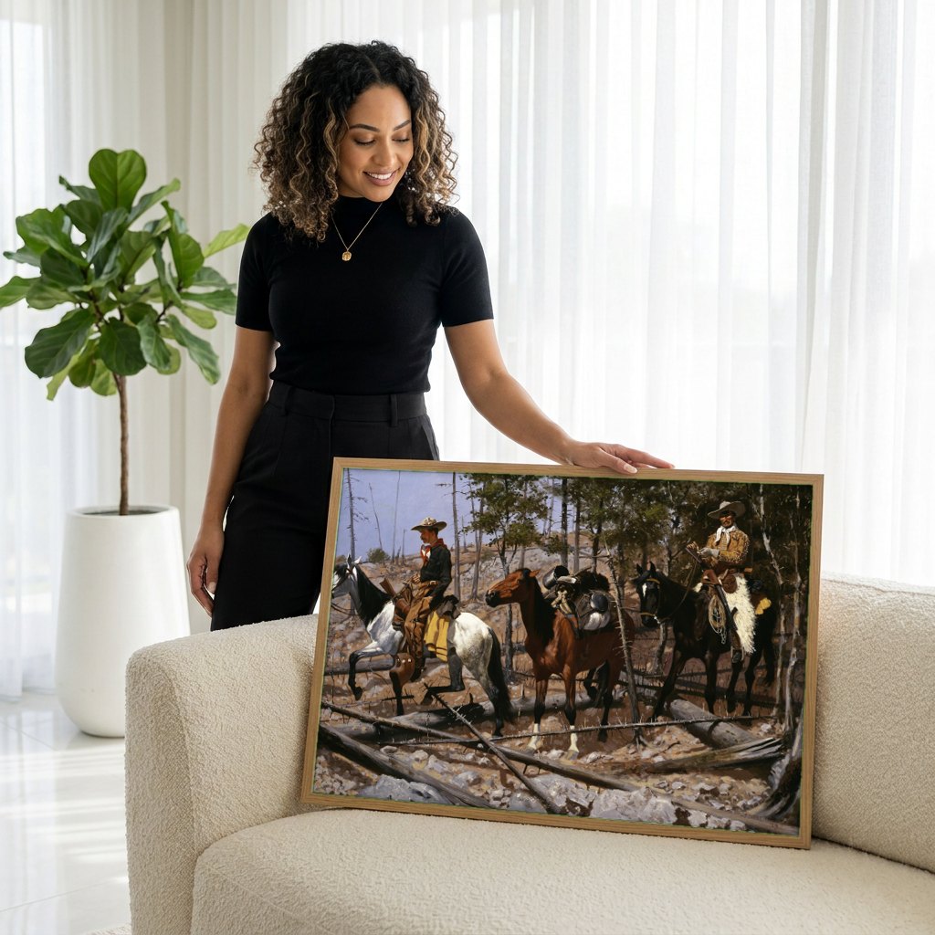 Quadro Decorativo A Patrulha de Batedores - Frederic Remington | modelo apresentando o quadro emoldurado