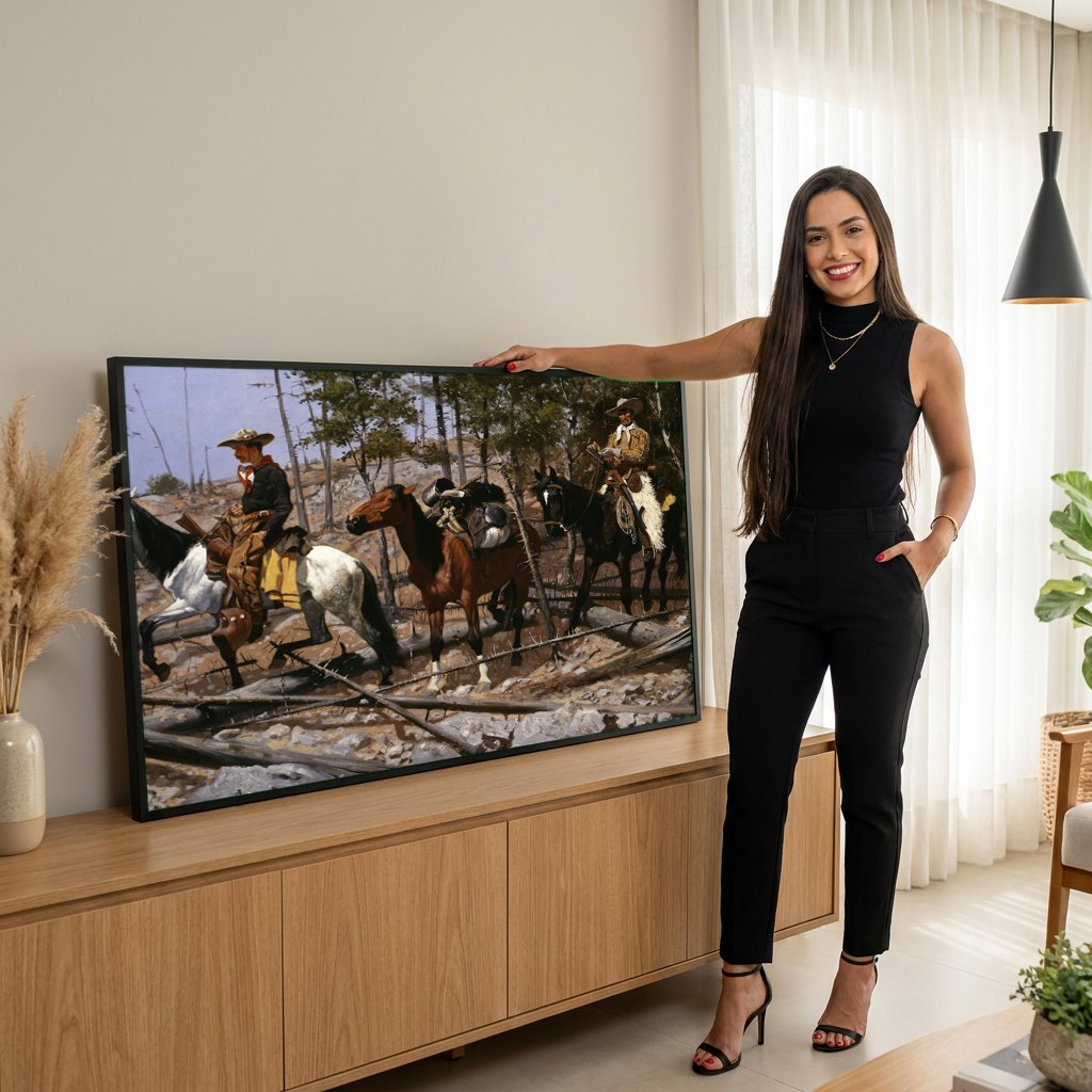 Quadro Decorativo A Patrulha de Batedores - Frederic Remington | modelo apresentando o quadro emoldurado