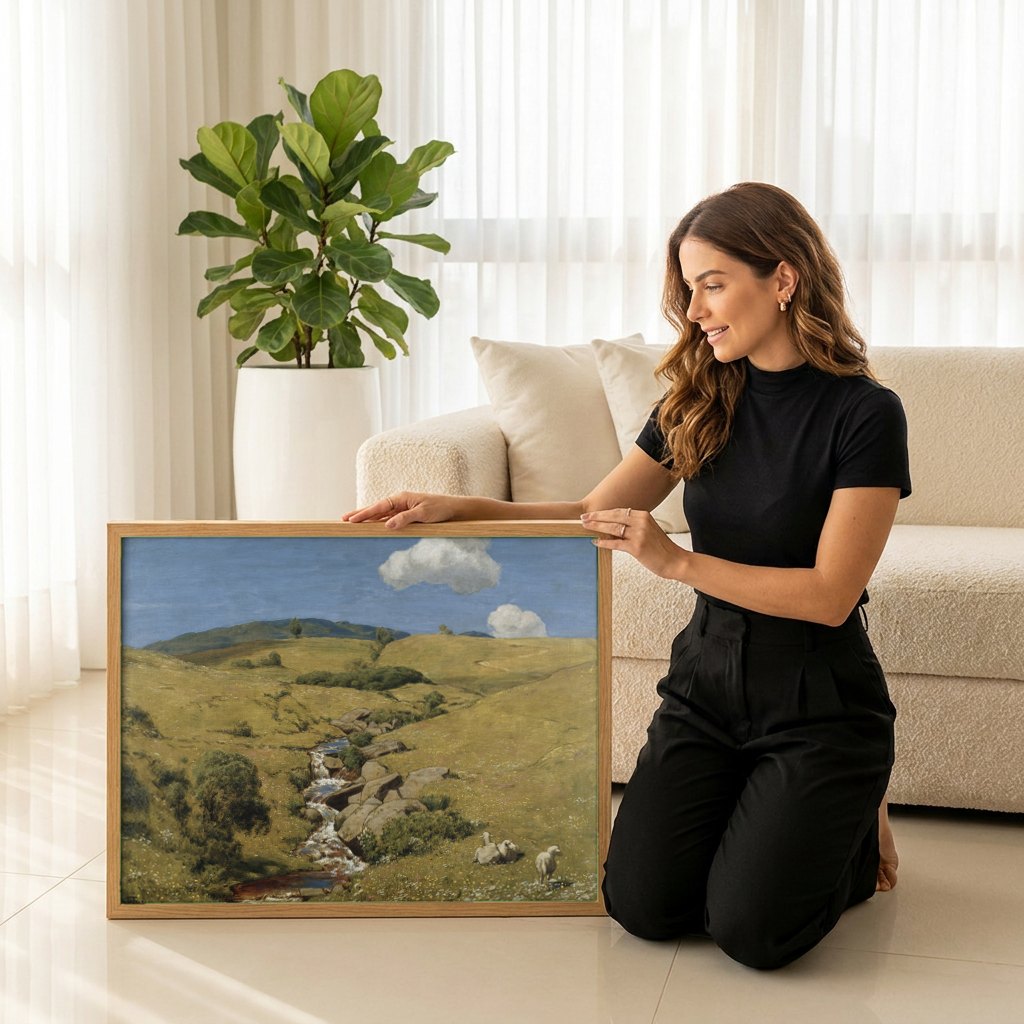 Quadro Decorativo Paisagem com Córrego e Ovelhas - Hans Thoma | modelo apresentando o quadro emoldurado