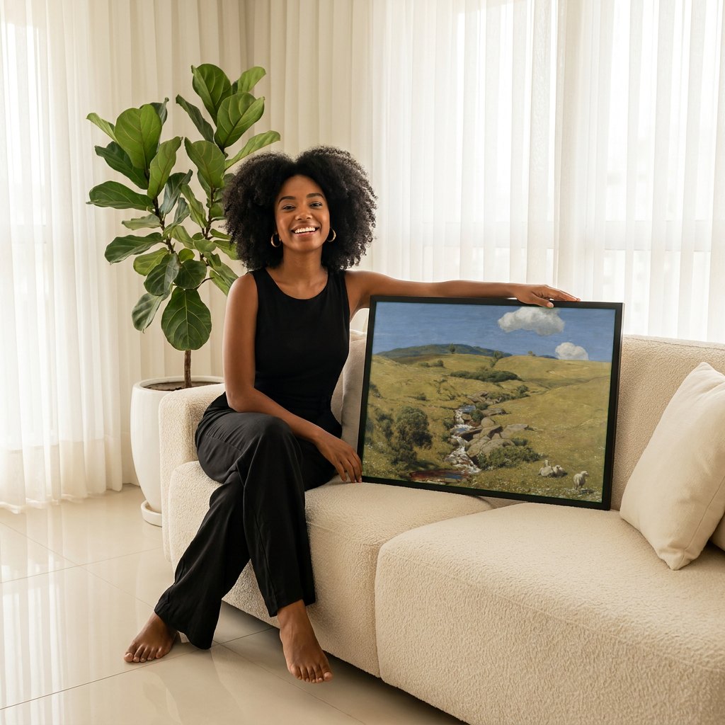 Quadro Decorativo Paisagem com Córrego e Ovelhas - Hans Thoma | modelo apresentando o quadro emoldurado