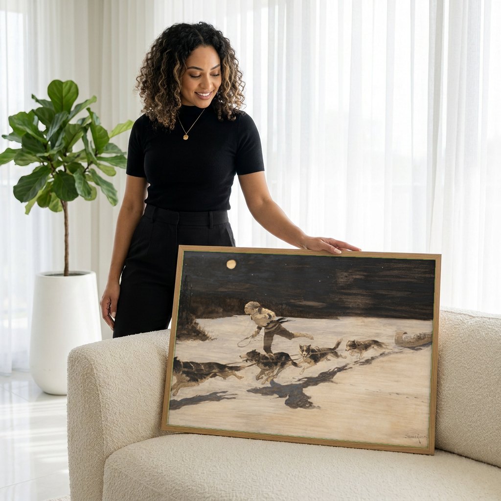Quadro Decorativo A Corrida do Trenó - Frederic Remington | modelo apresentando o quadro emoldurado