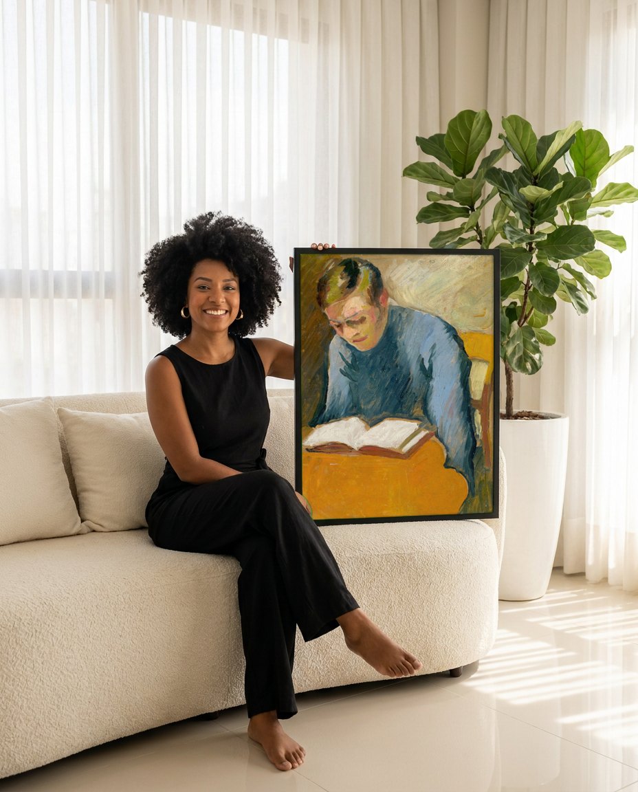 Quadro Decorativo O Leitor - August Macke | modelo apresentando o quadro emoldurado