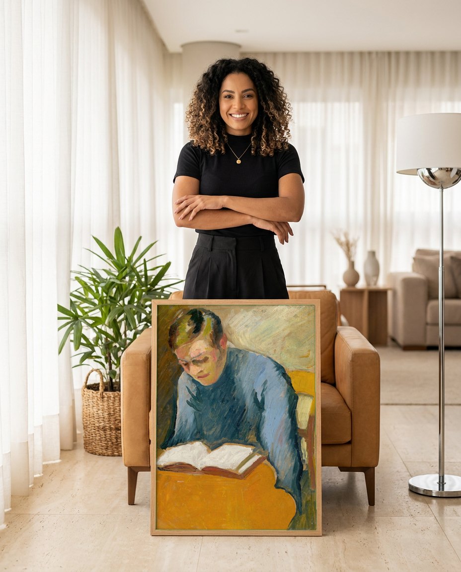 Quadro Decorativo O Leitor - August Macke | modelo apresentando o quadro emoldurado