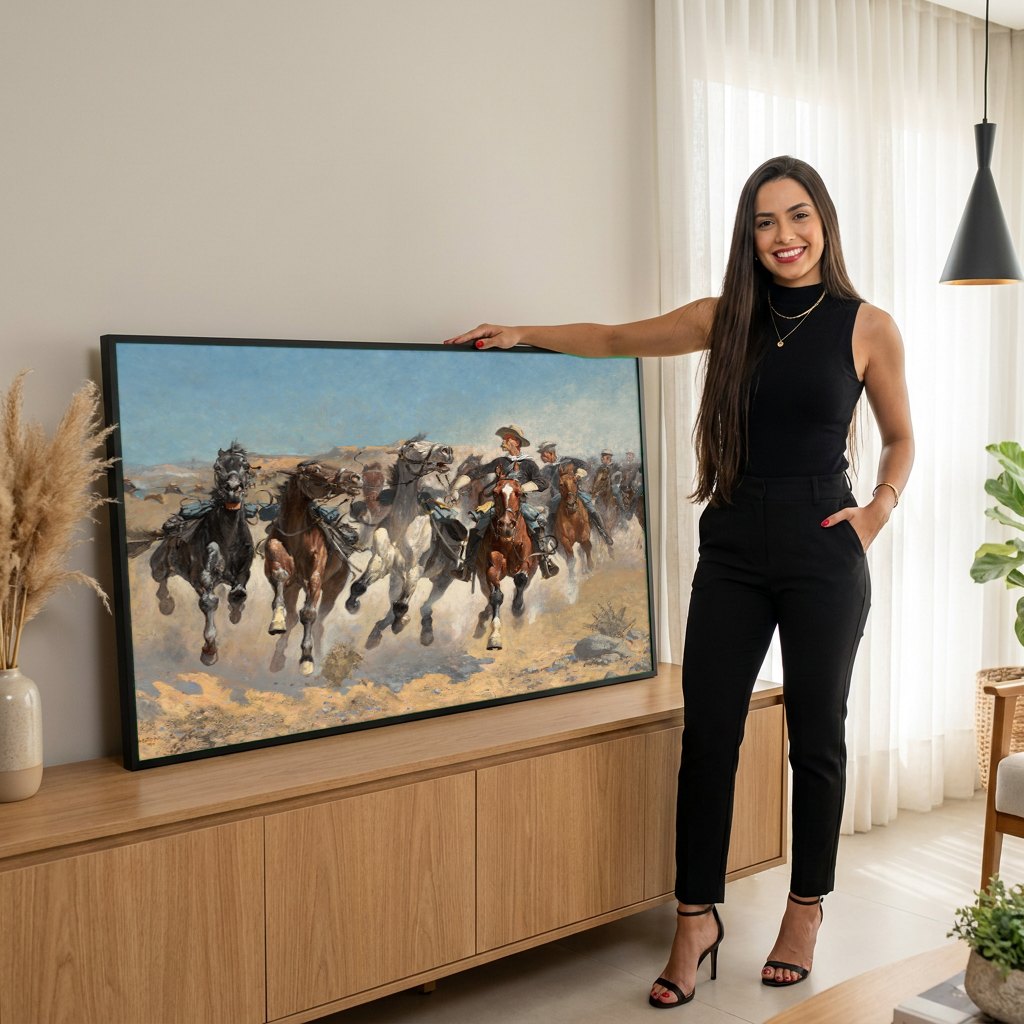 Quadro Decorativo 'Charge dos Dragões' - Frederic Remington | modelo apresentando o quadro emoldurado
