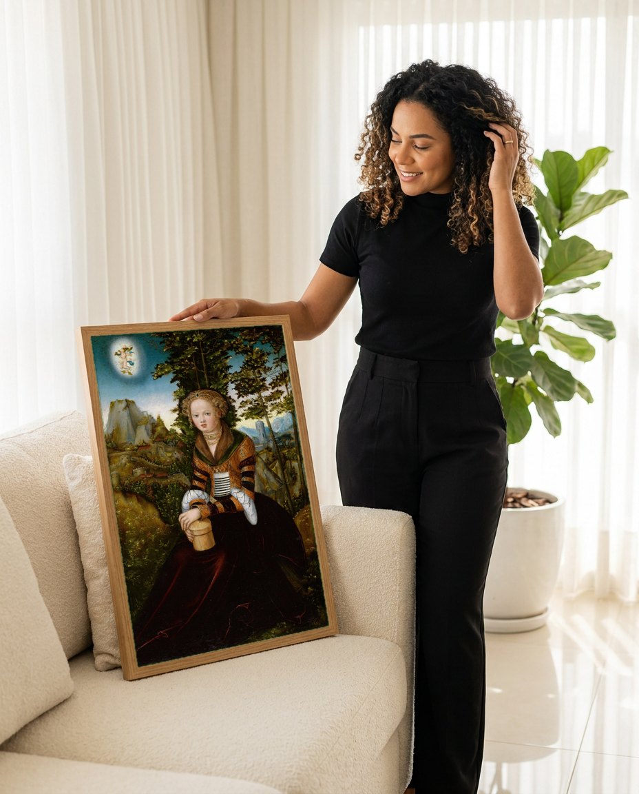 Quadro Decorativo Salomé com a Cabeça de João Batista - Cranach | modelo apresentando o quadro emoldurado