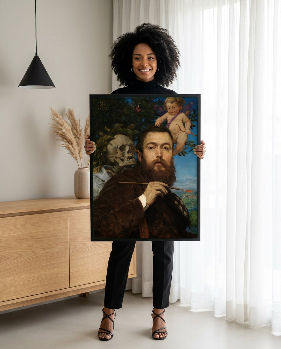 Quadro Decorativo Autorretrato com Morte e Cupido - Hans Thoma | modelo apresentando o quadro emoldurado